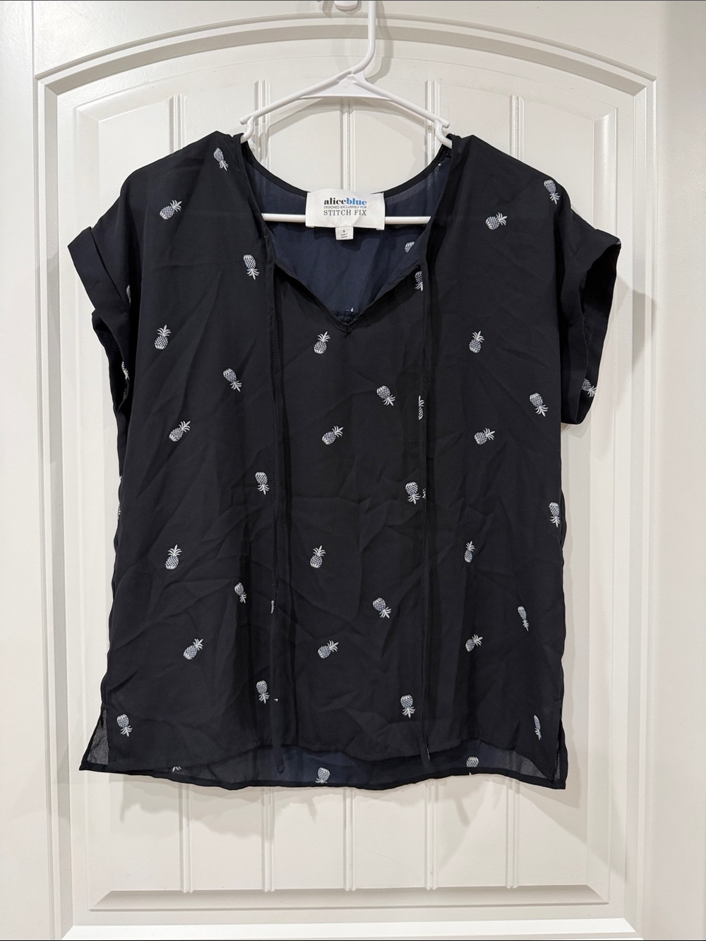 Alice Blue Navy Pineapple Embroidered Short Sleeve Blouse